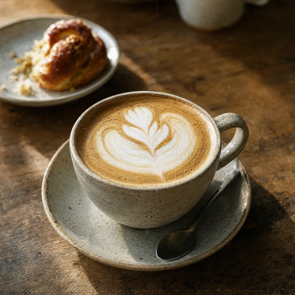 Flat White mit Latte Art in einer handgemachten Tasse