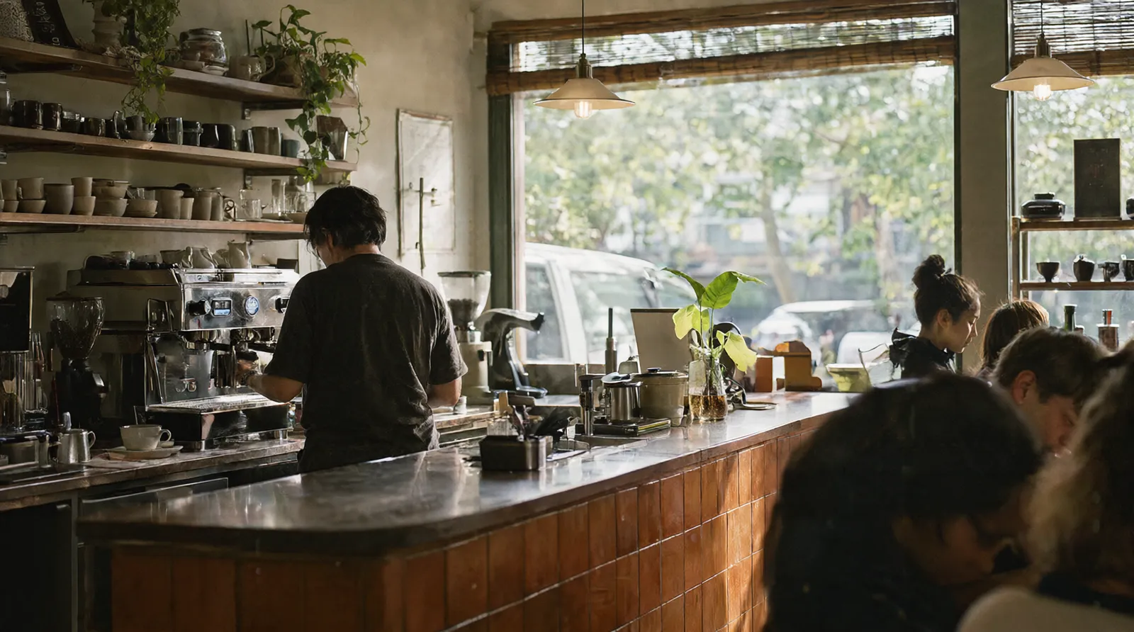 Tresen des Cafés mit Siebträgermaschine und Regal voller Keramiktassen